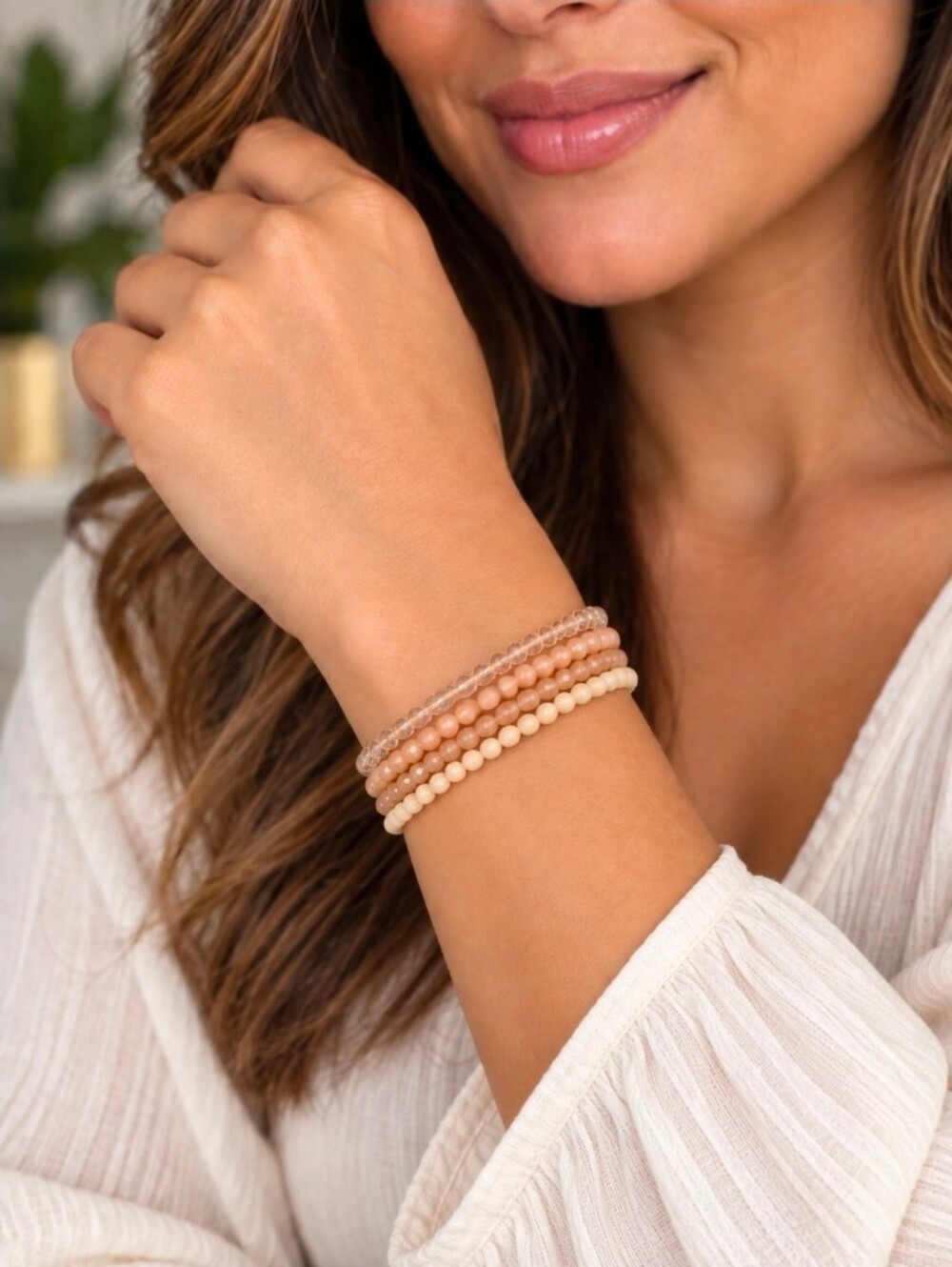 Stacked Beaded Stretch Bracelet Set - Neutral Tones